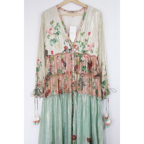 NWT Rococo Sand Ruched Long Dress Maxi Plunging V-Neck Metallic Green Pink XS - Picture 6 of 10